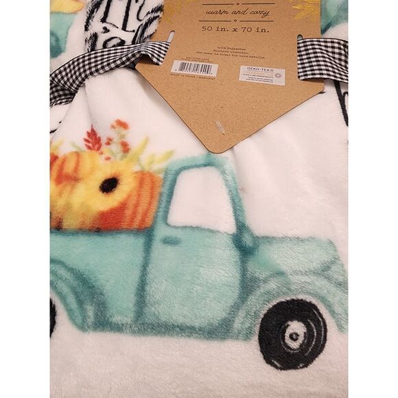 Autumn LEAVES  Oversized plush throw HAPPY FALL Y'ALL  white with teal truck pri - Picture 4 of 11